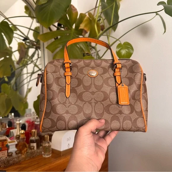 Coach mini Signature Brown Satchel with Orange Trim 2way bag - Picture 2 of 10